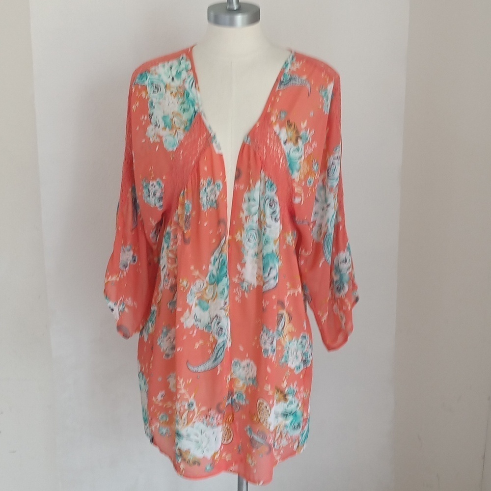 Torrid Women's Kimono Floral Lace Inset Coral Open Coastal Size M Boho Beach